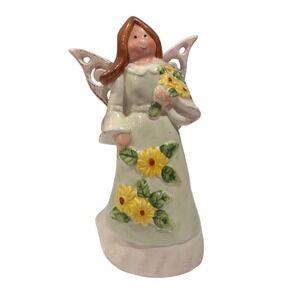 Ceramic Angel Figurine OS Green Yellow Excellent Sunflower Cottagecore